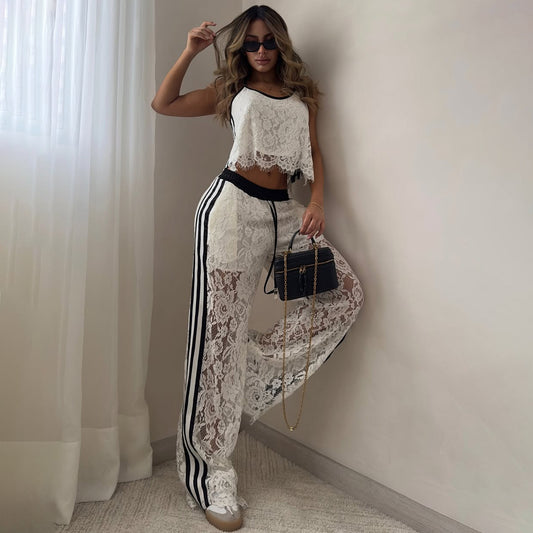 Irregular Striped Color-Block Lace Two-Piece Set