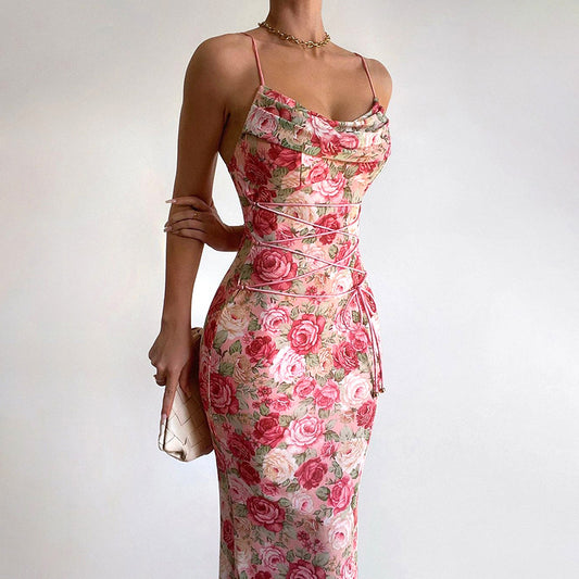 Waist-Cinching Long Dress with Straps, Printed Slim-Fit Tie Dress