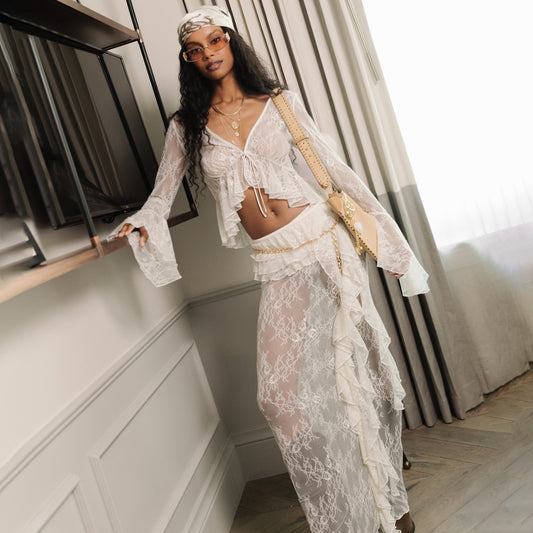 Vacation Beach Style Lace Navel Mesh Suit Two-Piece Set