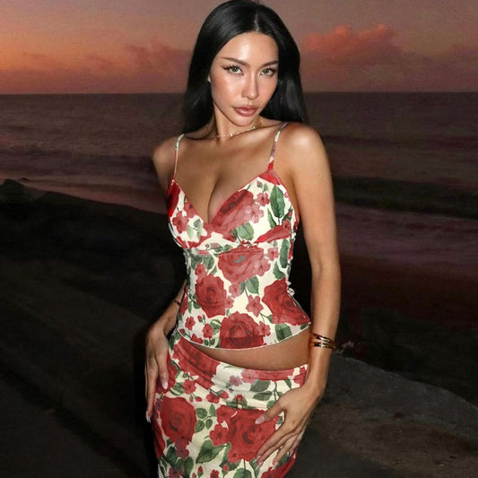 Floral Print V-neck Camisole Bodycon Long Dress Set