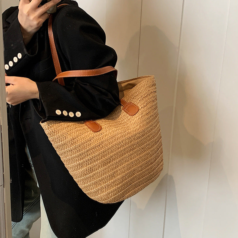 All-Match Simple Shoulder Straw Bag New Large Capacity Woven Bag Tote Bag Women's Seaside Vacation Beach Bag