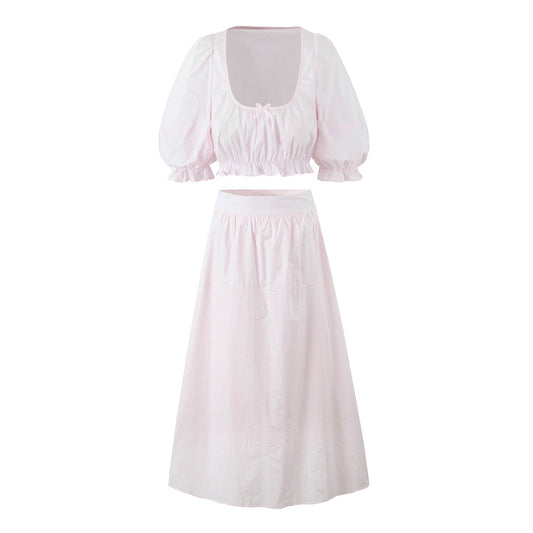 Short Square Neck Puff Sleeve Waist-Exposing Top + High-Waisted Long Skirt