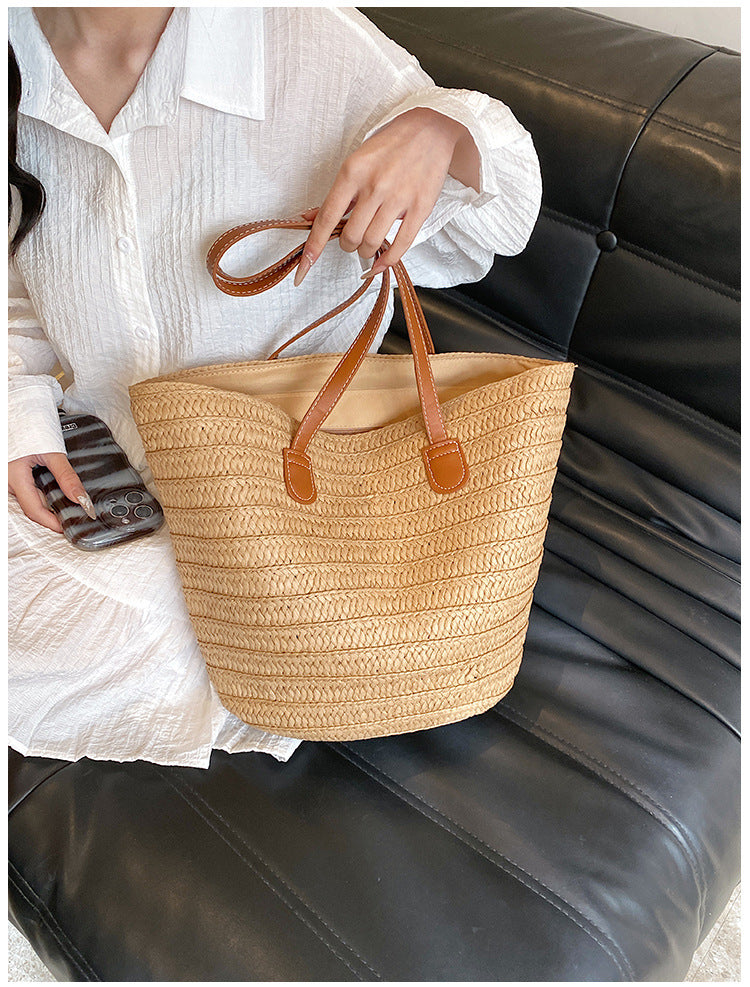 All-Match Simple Shoulder Straw Bag New Large Capacity Woven Bag Tote Bag Women's Seaside Vacation Beach Bag