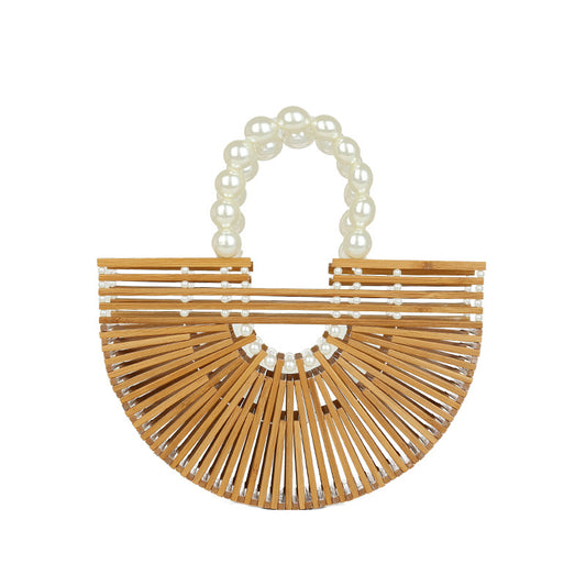 Hand-Woven Bamboo Handle Bag, Beach Vacation Handbag