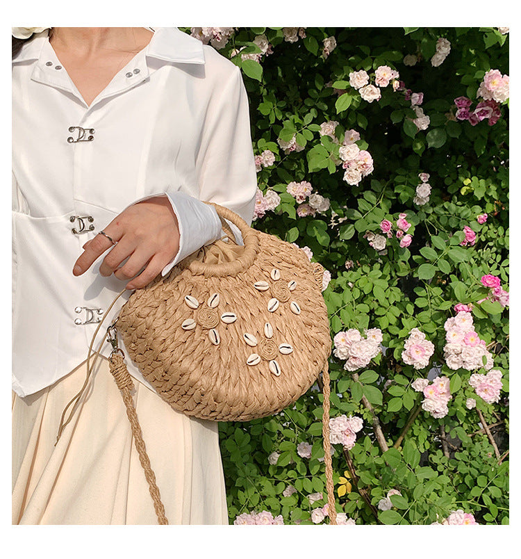 Vacation Style Drawstring Straw Bag Shell Bag Single Shoulder Crossbody Bag