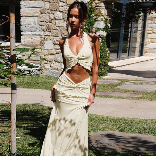 Sexy V-neck Wooden Ear Halter Spaghetti Straps Twisted Dress Two-Piece Set