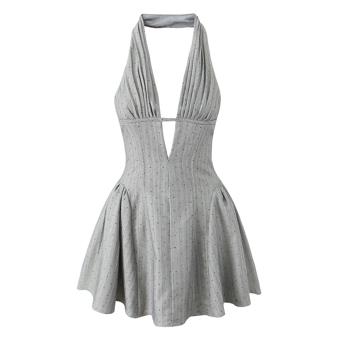 Rhinestone Embellished Halter Neck Dress with High-End Feel, Deep V-Neck, Pleated Waist, Formal Short Dress