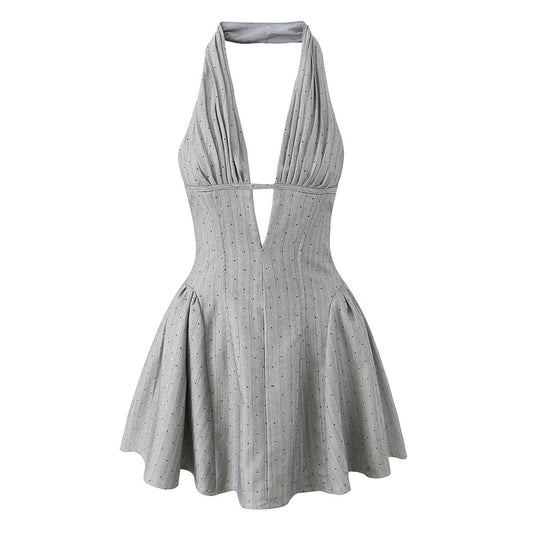 Rhinestone Embellished Halter Neck Dress with High-End Feel, Deep V-Neck, Pleated Waist, Formal Short Dress