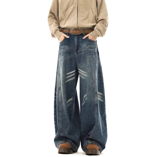Loose Fit Straight Wide Leg Jeans for Men with Curved Knife Design