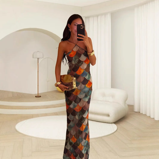 Vacation Style Sleeveless Halter Dress Women's Printed Backless Waist Trimming Long Dress