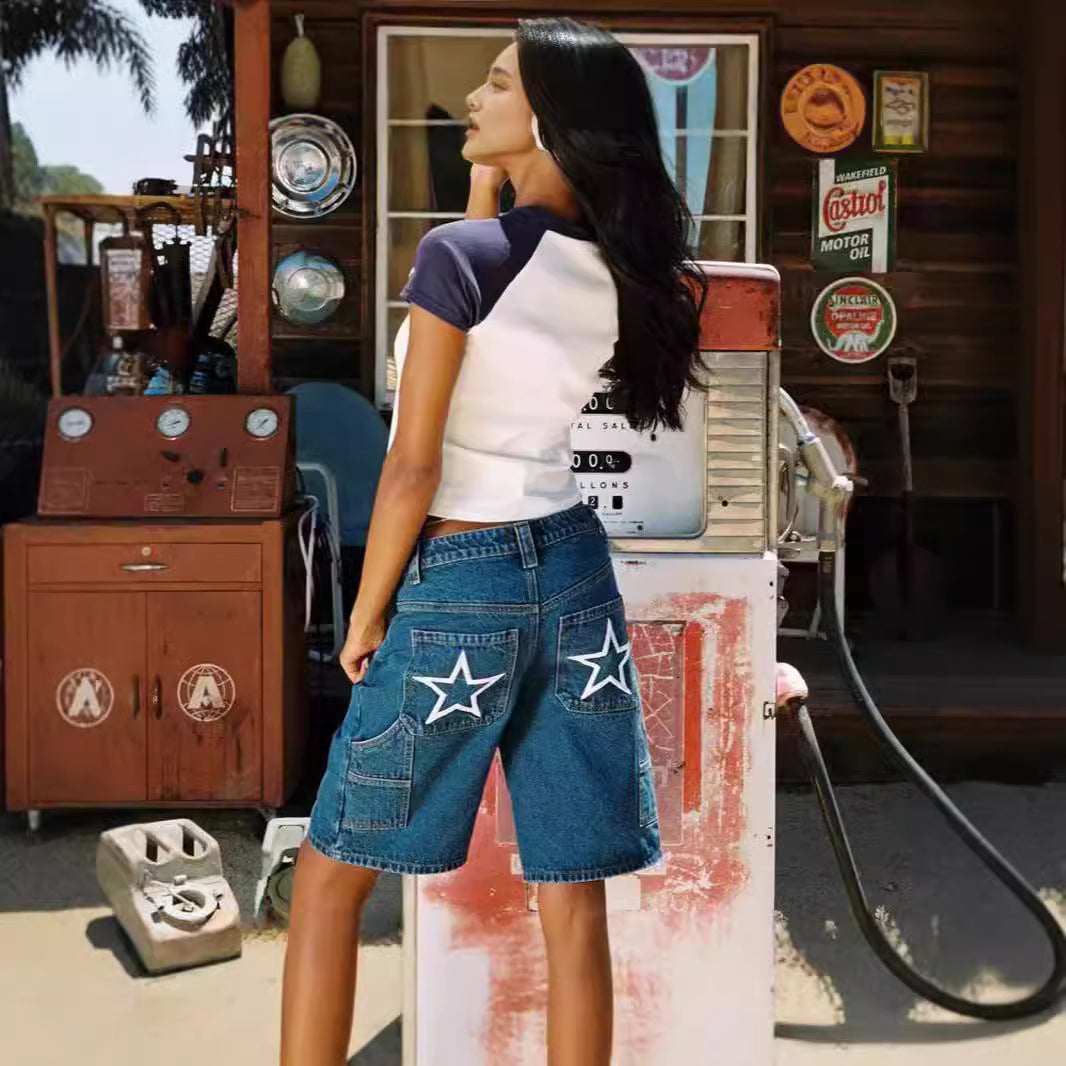 Loose Fit Printed Casual Fashion Denim Shorts for Women
