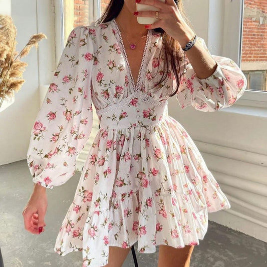 Sweet Printed V-neck Lace Waist Trimming Short Dress