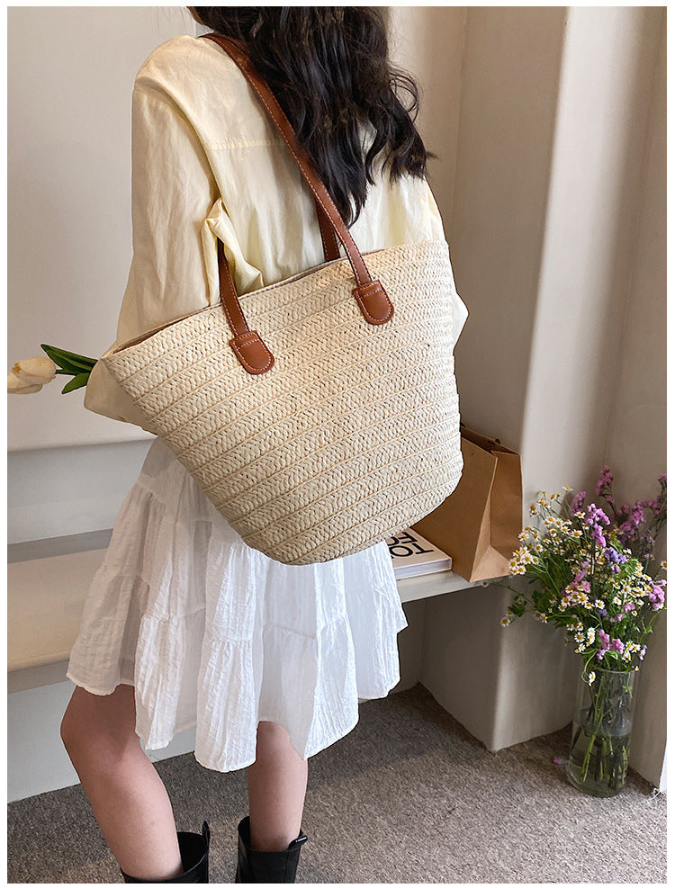 All-Match Simple Shoulder Straw Bag New Large Capacity Woven Bag Tote Bag Women's Seaside Vacation Beach Bag